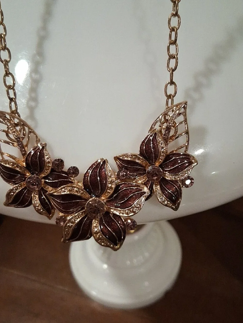 Rose Gold Floral Statement Necklace with Brown Enamel Petals